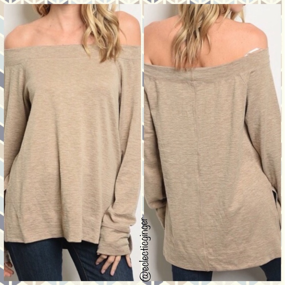 Mocha brown off shoulder long sleeve knit top Small S Medium M